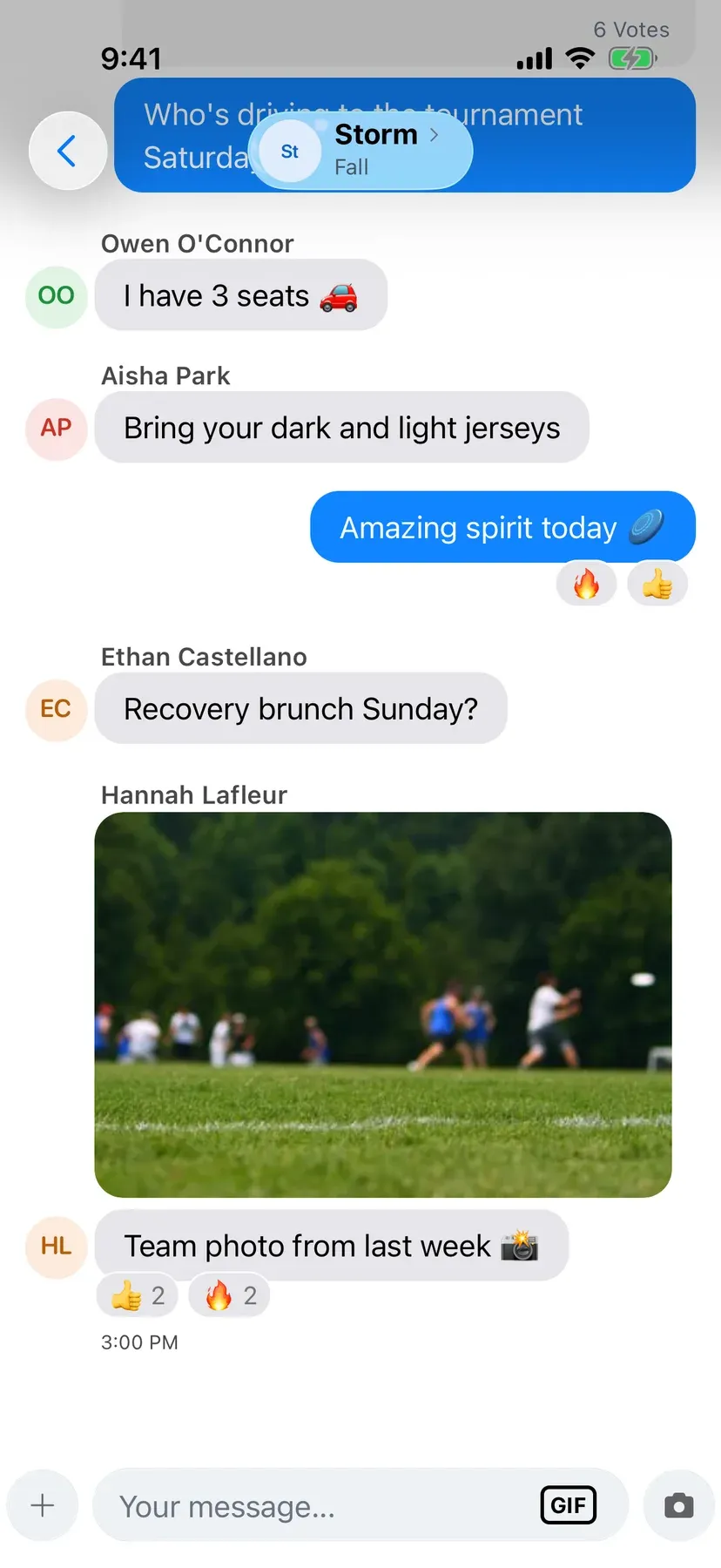 BenchApp team chat with shared photos and GIFs