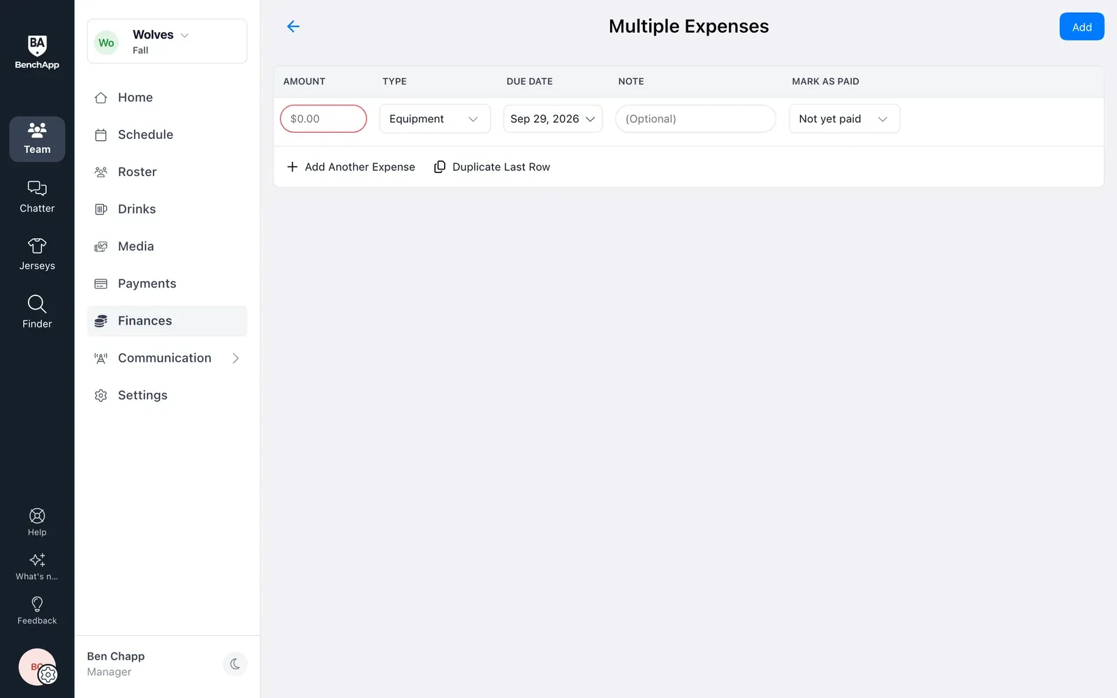 BenchApp on a computer: the Multiple Expenses form