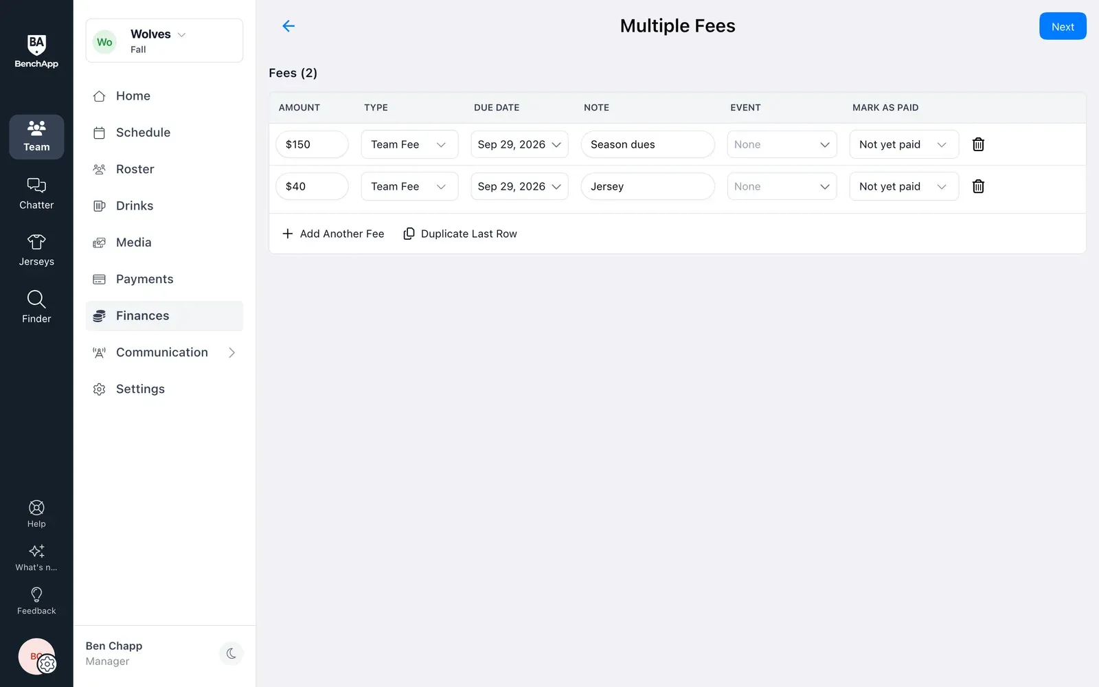 BenchApp on a computer: the Multiple Fees form with a $150 Season dues fee and a $40 Jersey fee