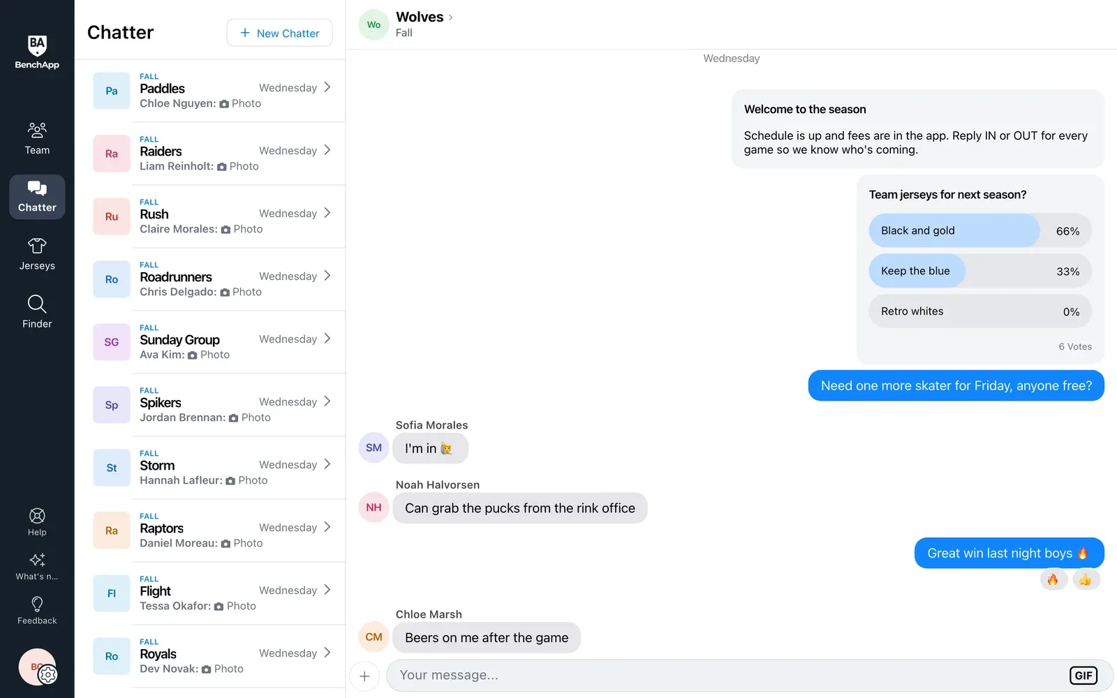 BenchApp on a computer: team chat with a poll and photos