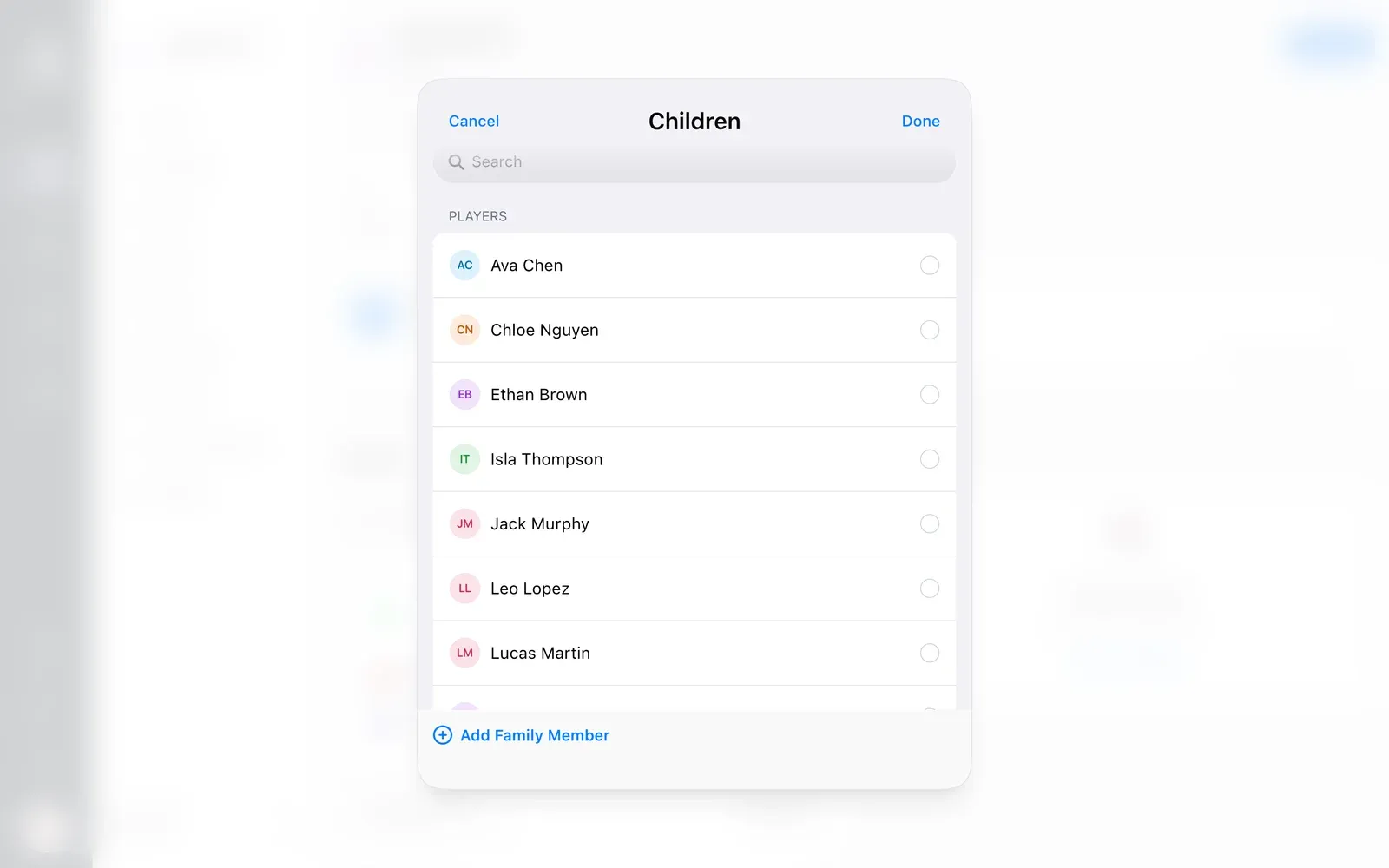 BenchApp on a computer: choosing a parent's children from the roster