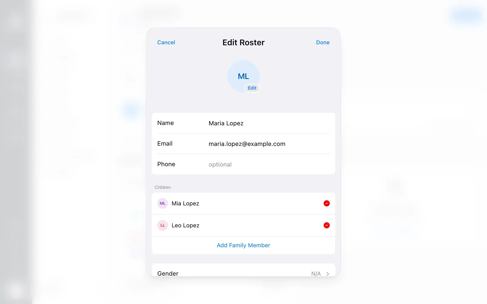 BenchApp on a computer: a parent with their own email and their two children