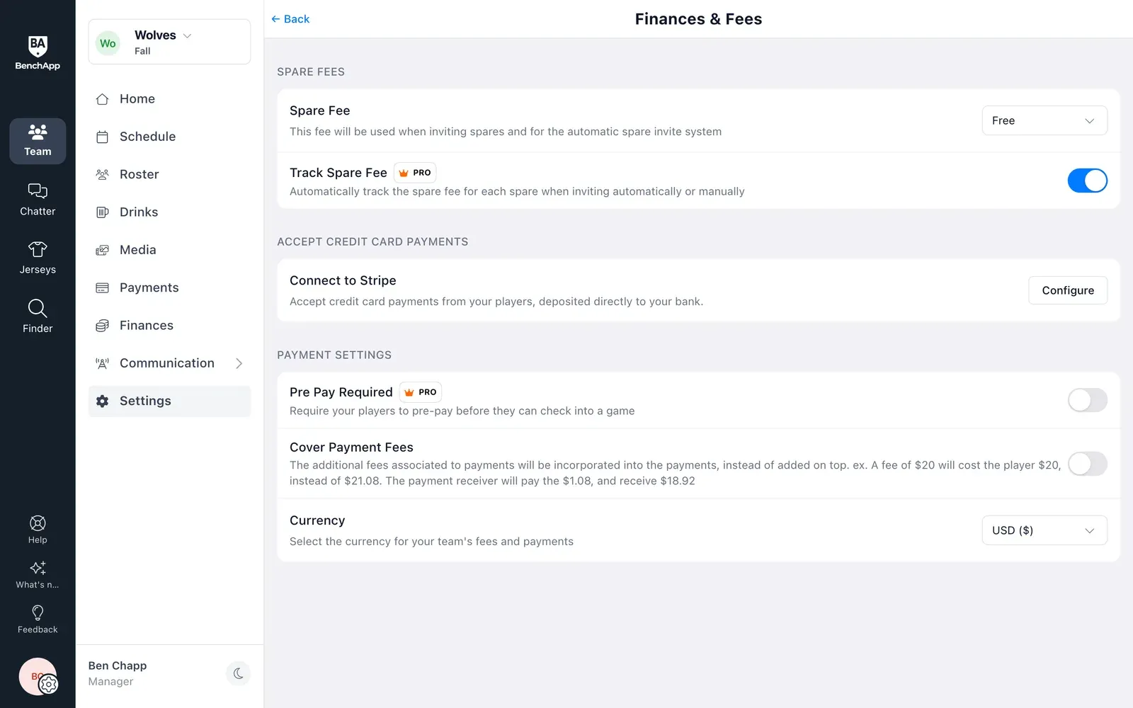 BenchApp on a computer: Fees & Finances settings with Connect to Stripe, Pre Pay Required and Cover Payment Fees