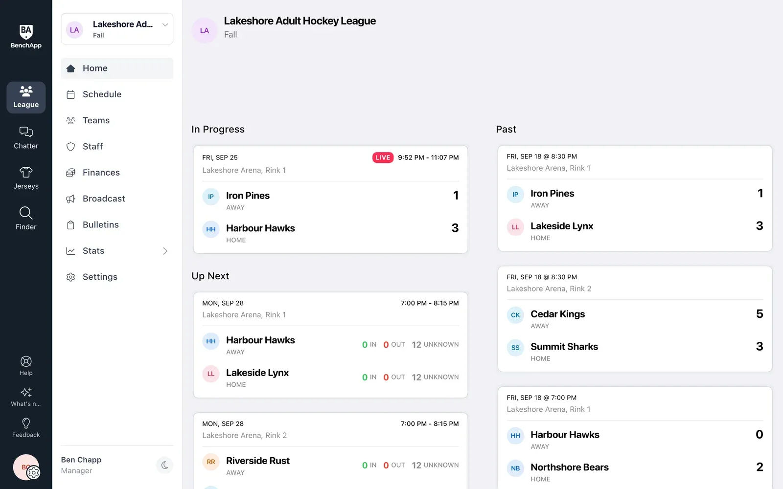 BenchApp on a computer: the league home with the game in progress and recent scores