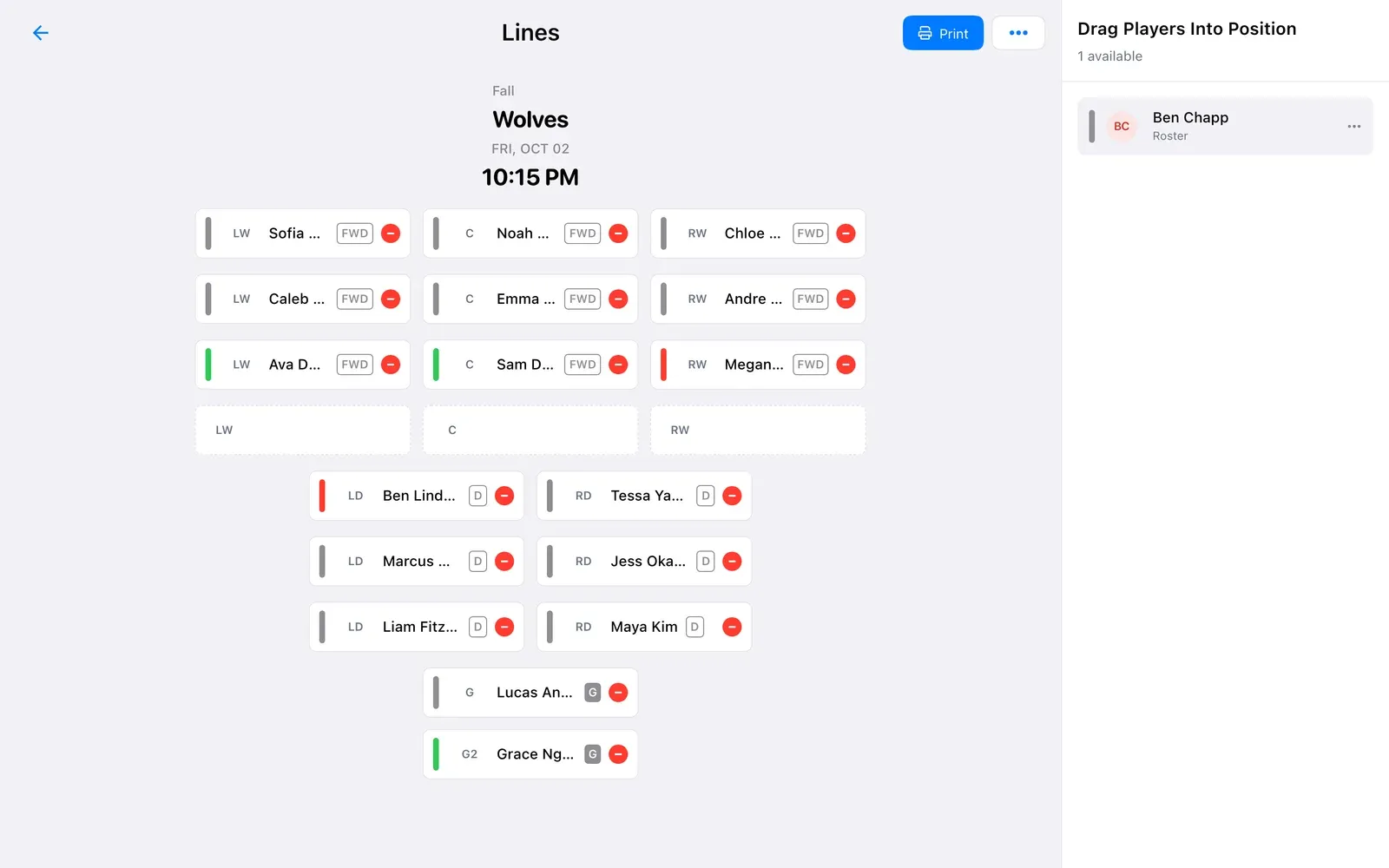 BenchApp on a computer: hockey lines with forwards, defence pairs and goalies, and players to drag into place