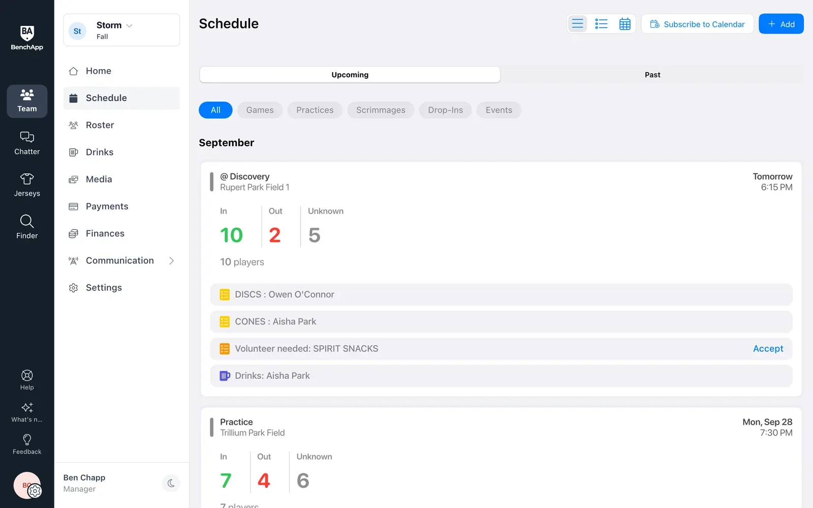BenchApp on a computer: the team schedule with RSVP counts