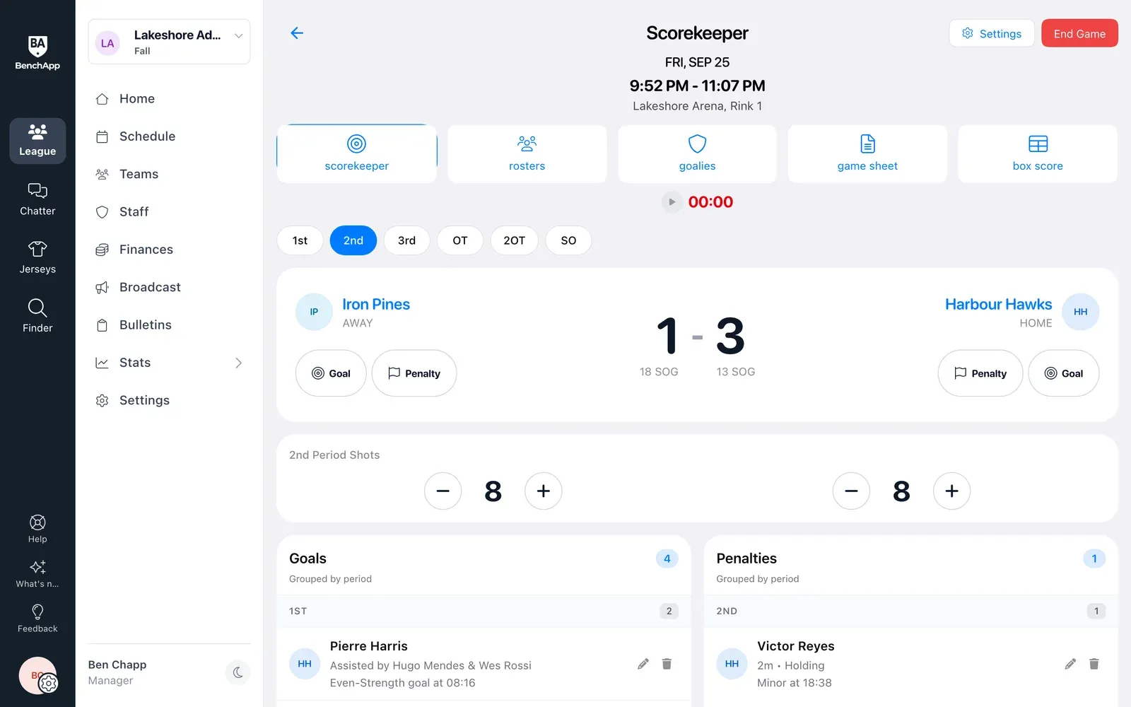 BenchApp on a computer: the Scorekeeper with goals, assists and penalties by period