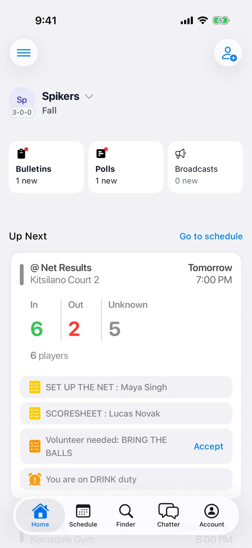 BenchApp team home screen with the next game and who's coming