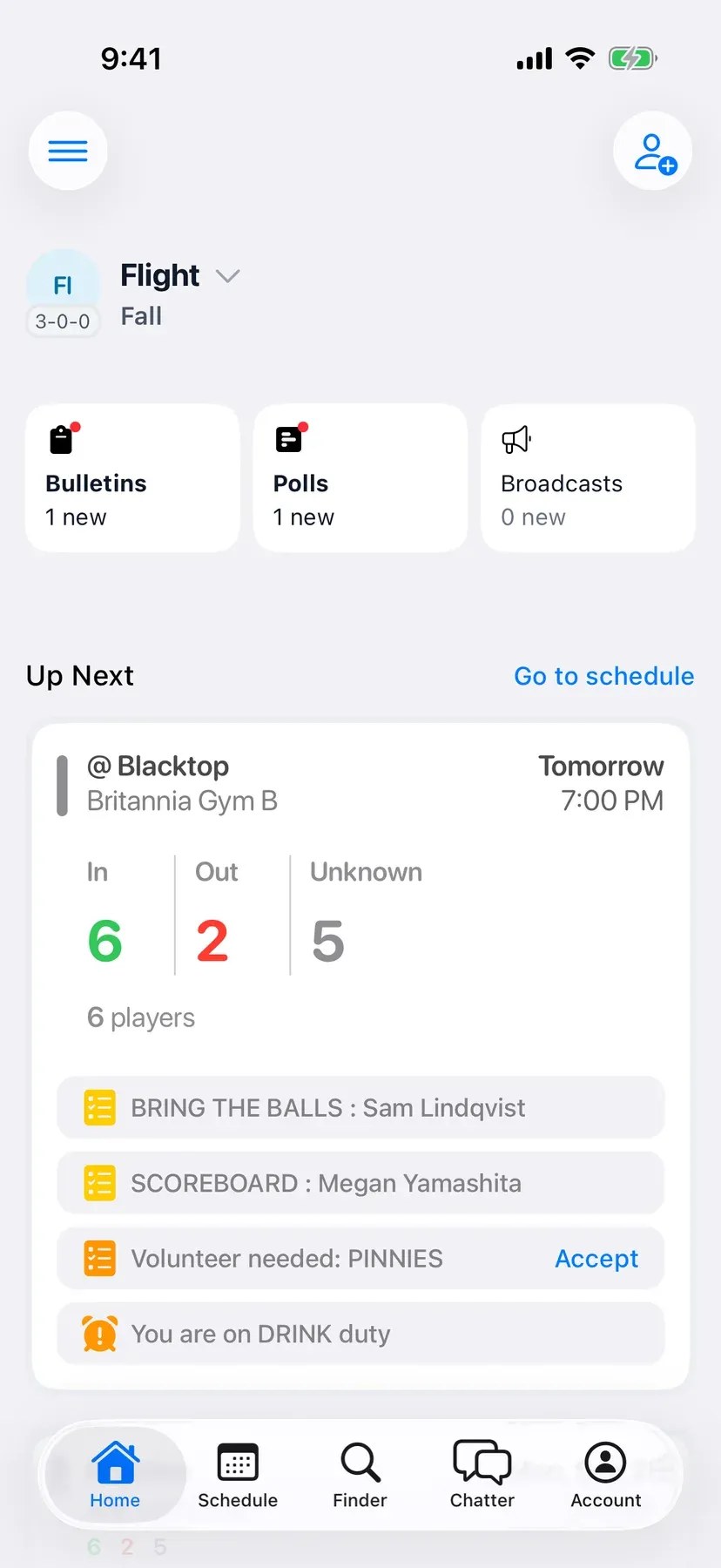 BenchApp team home screen with the next game and who's coming