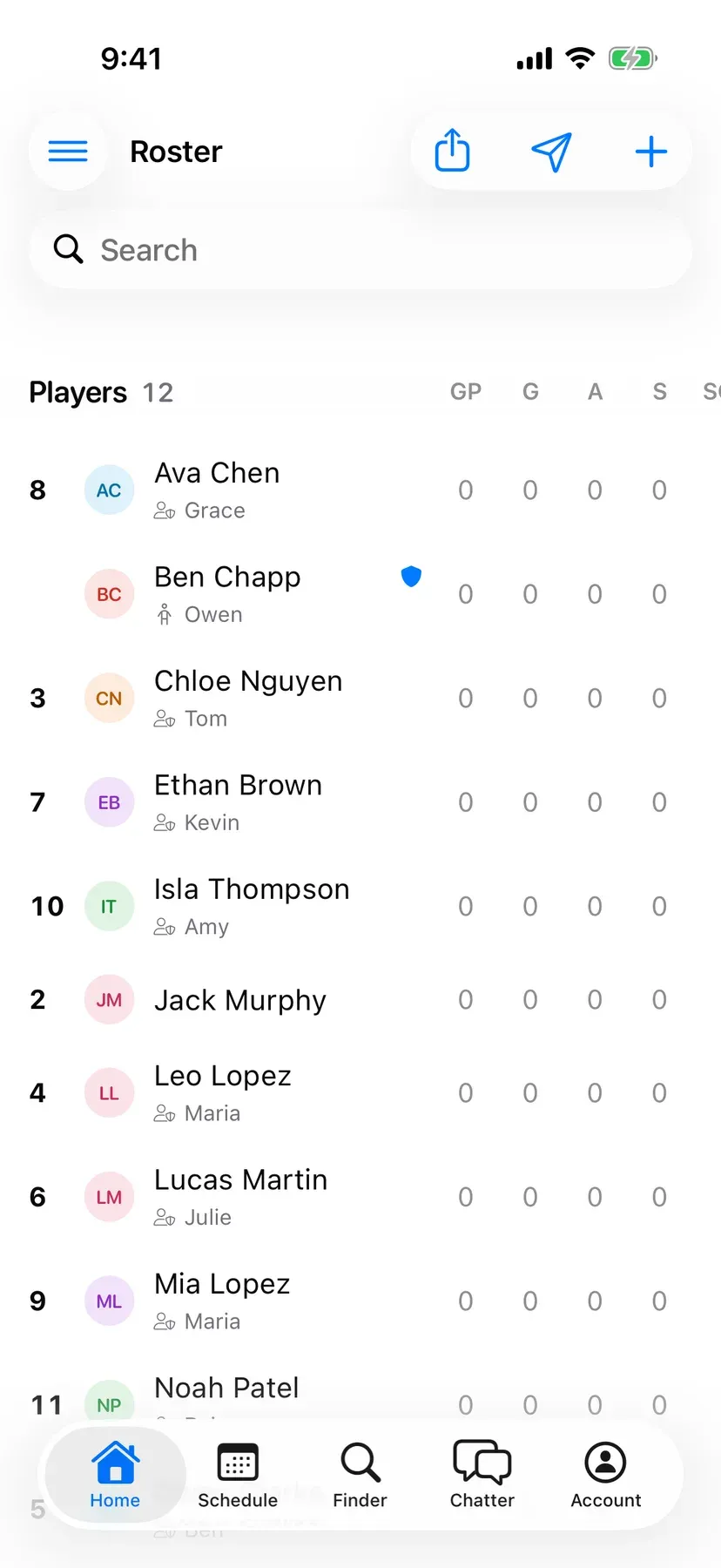 BenchApp on a phone: the youth roster with each child's parent under their name