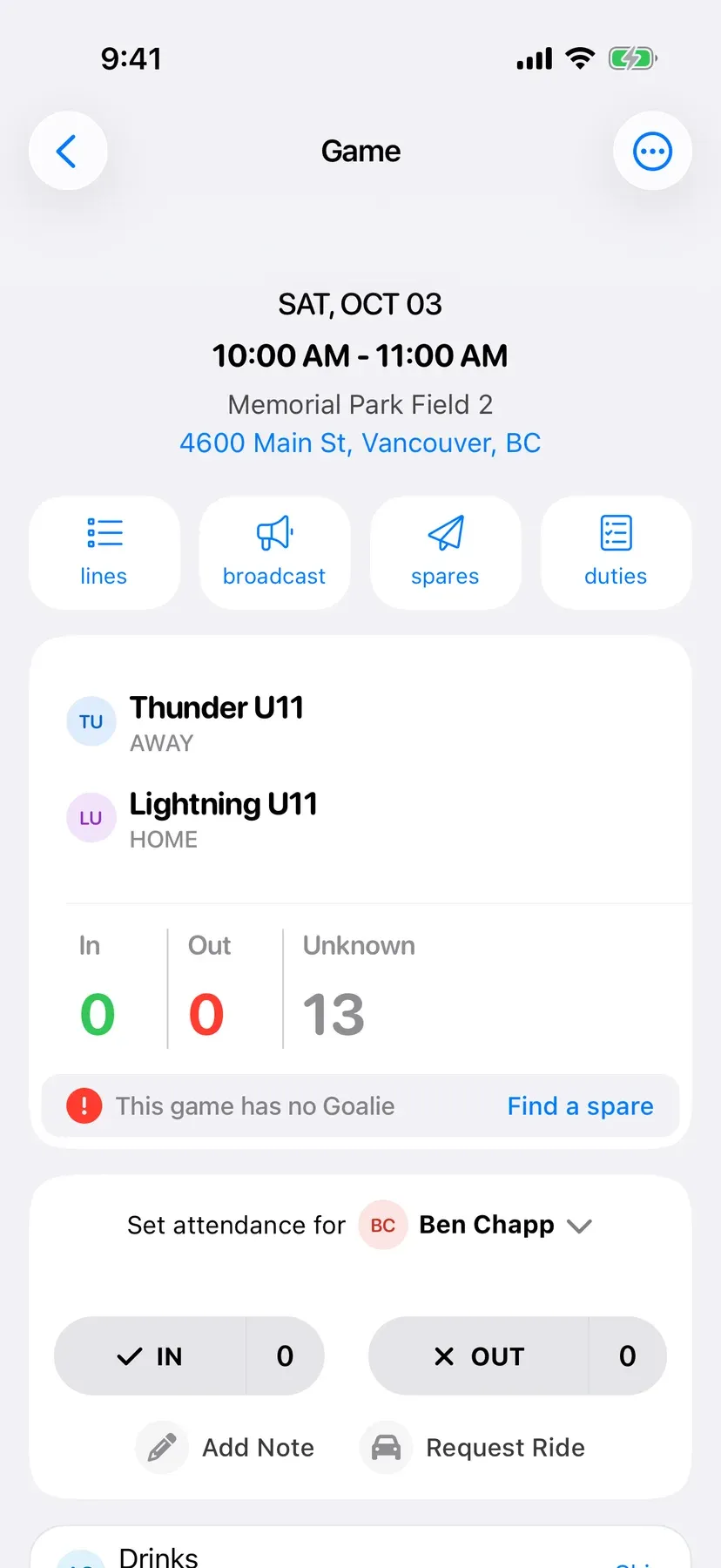 BenchApp on a phone: a youth game where a parent sets attendance for their child