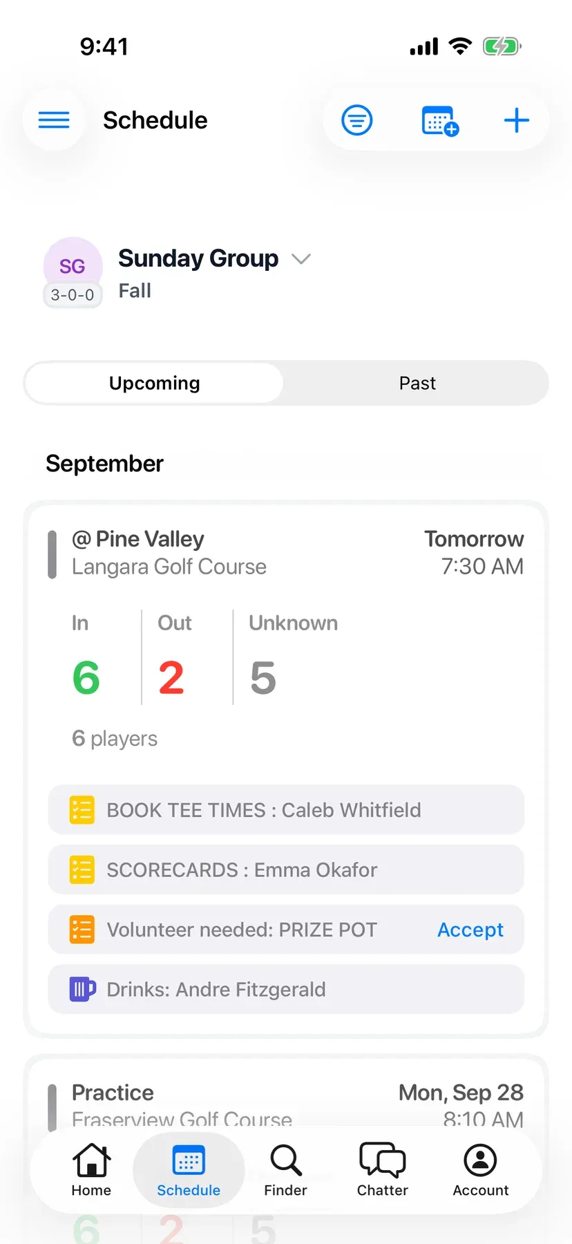 BenchApp schedule screen with upcoming games and RSVP counts